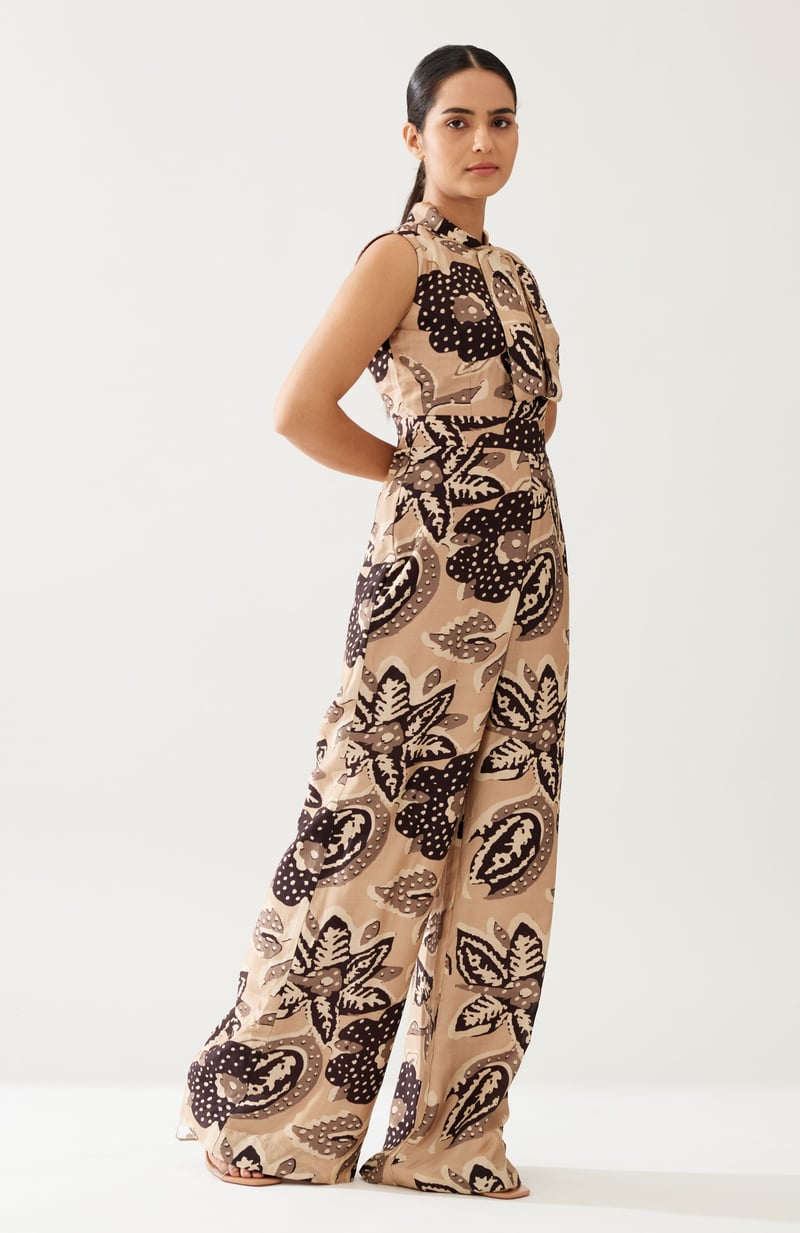 Cream And Dark Brown Floral Bow Tie Jumpsuit