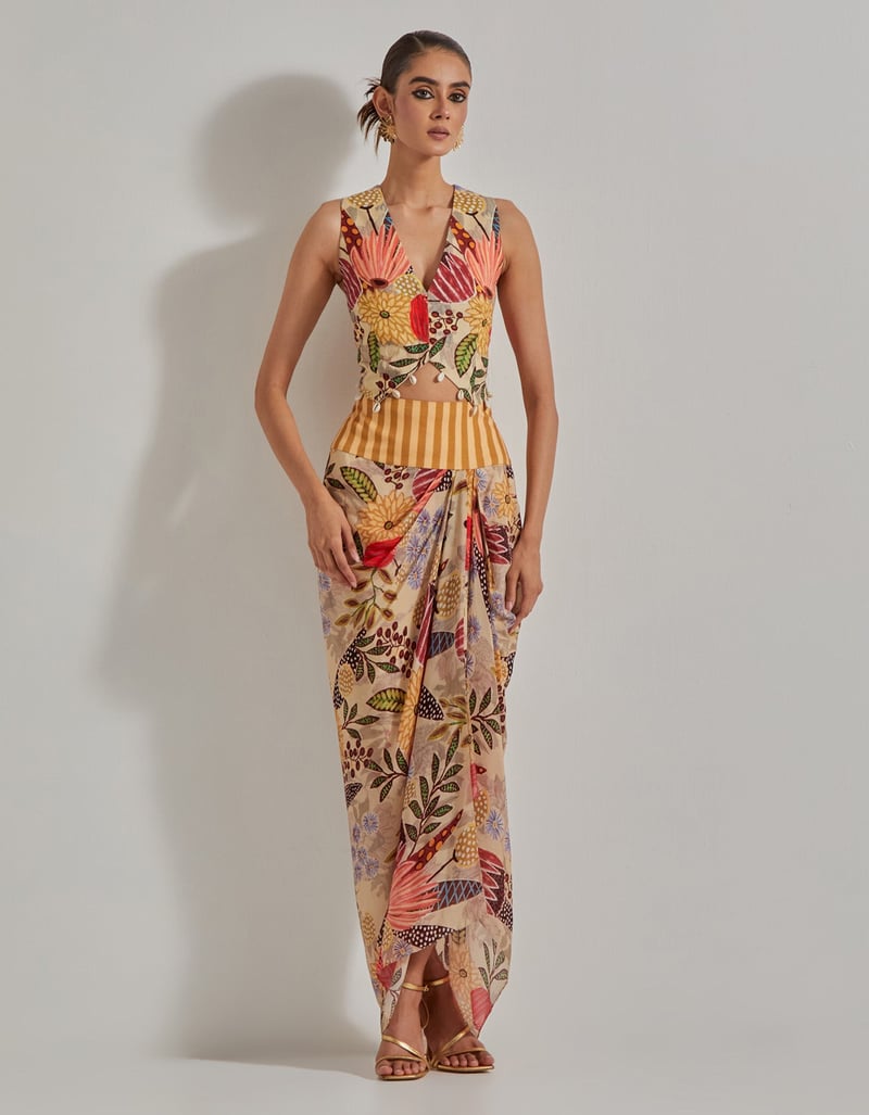 Beige Printed Waistcoat and Draped Maxi Skirt Co-ord — Kavita Bhartia
