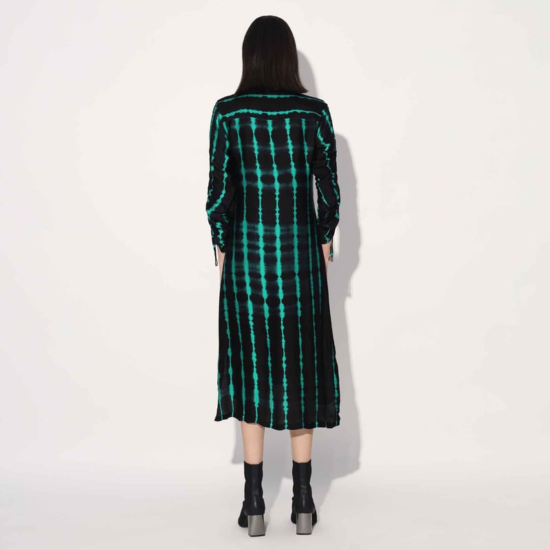 Green/Black Shibori Striped Satin Midi Shirtdress
