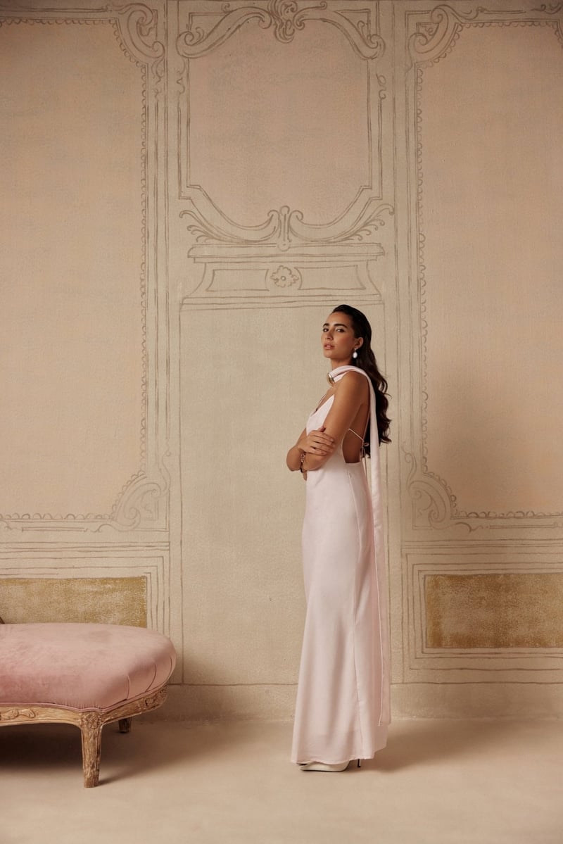 Pink Satin Maxi Slip Dress with Scarf Neck Detail