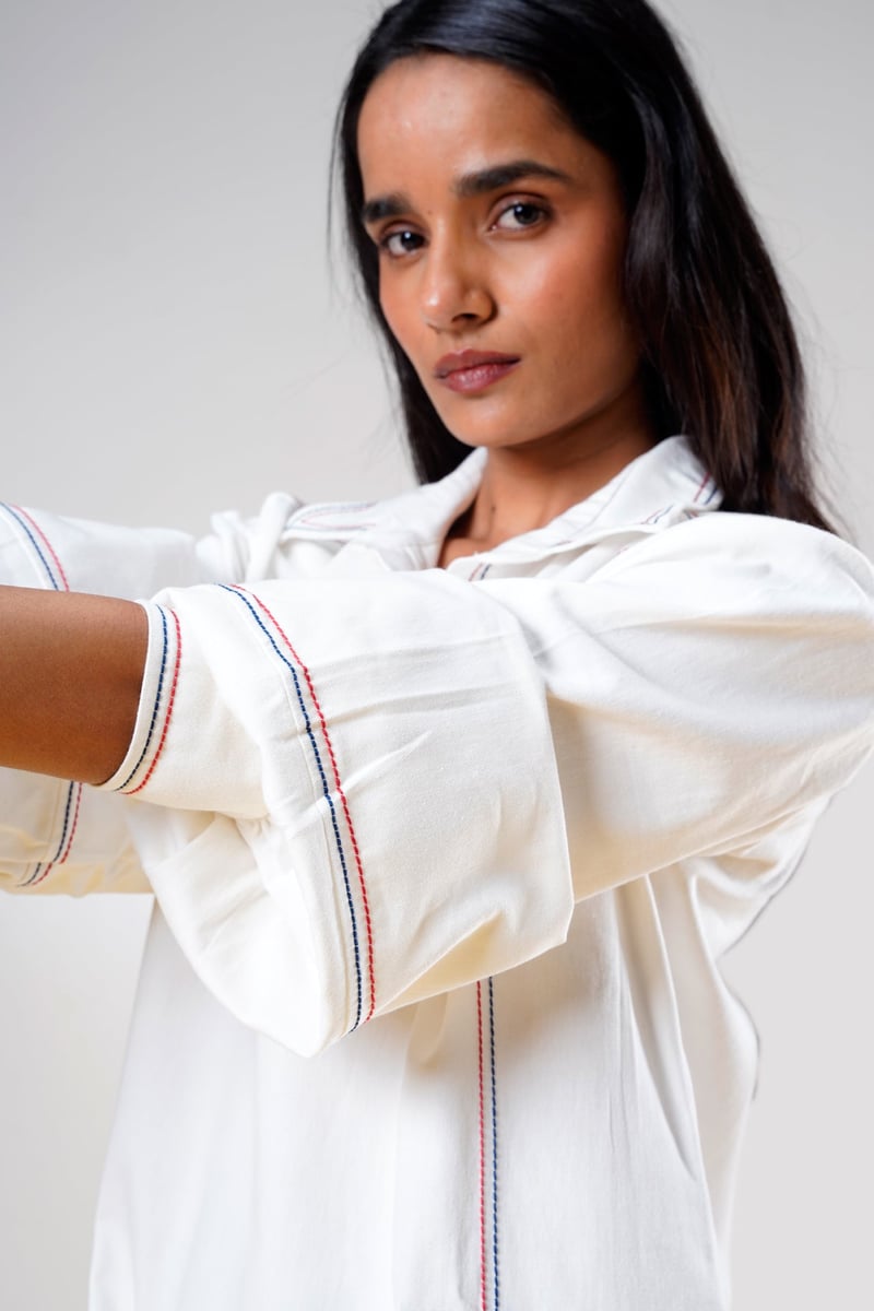 White Denim Mini Shirt Dress with Contrast Patch Pocket