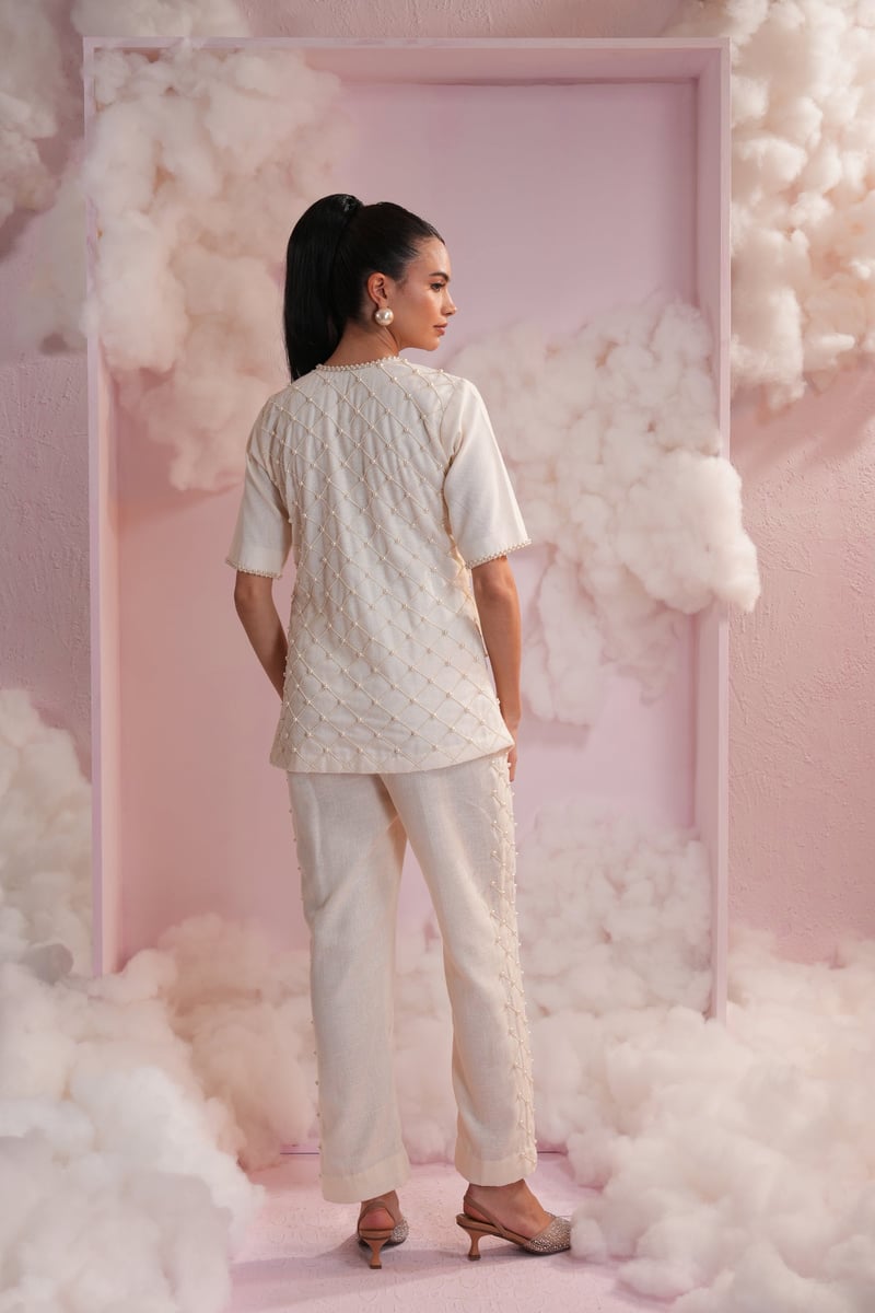 Cream Pearl Lattice Shirt and Pants Co-ord Set