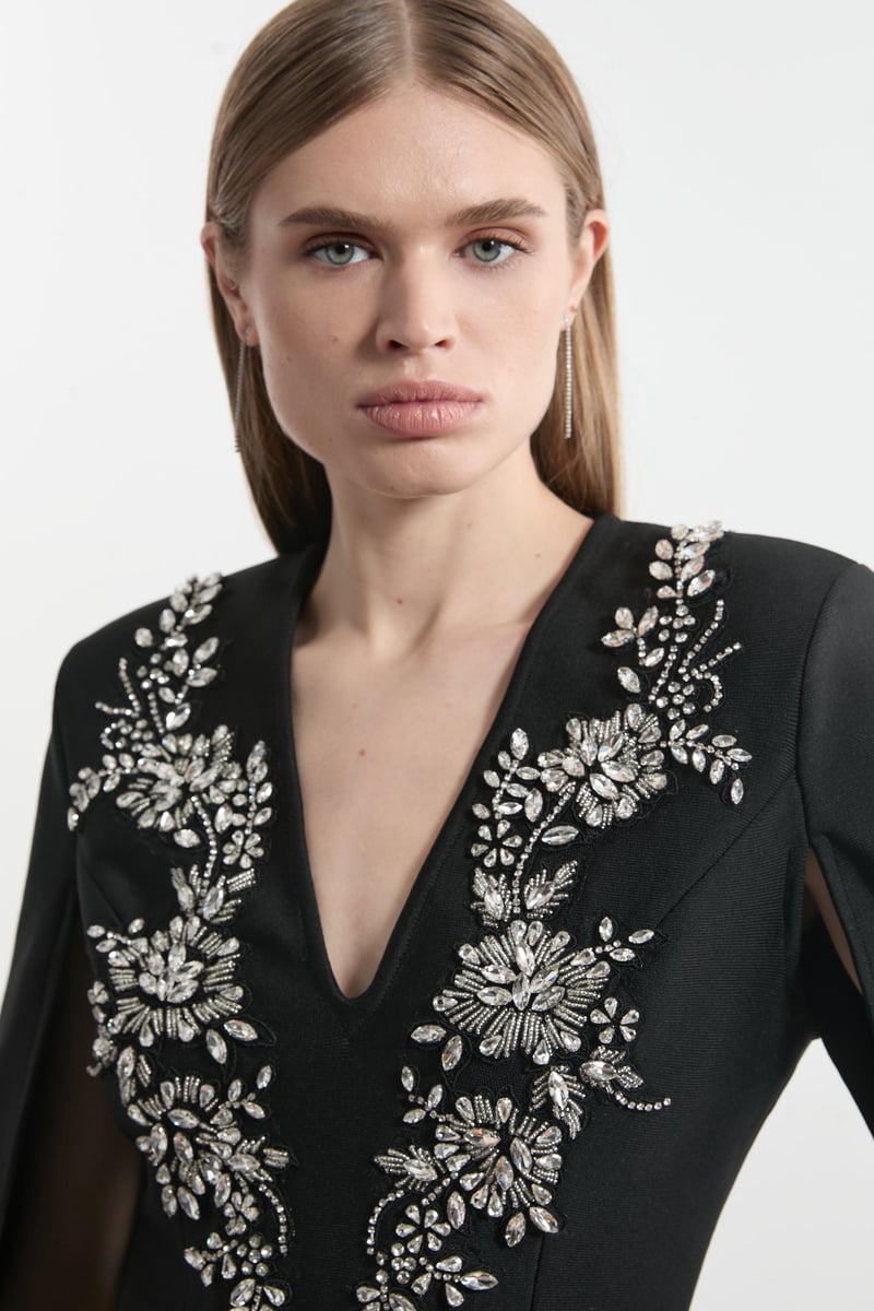 Black Embellished Cape Sleeve Bodycon Mini Dress