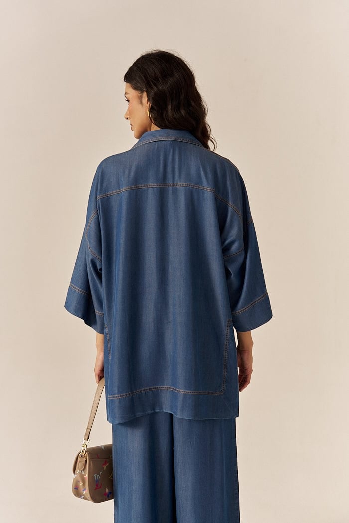 Blue Lapel Shirt and Flared Pants Co-ord Set