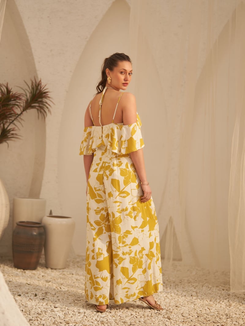 Yellow Floral Halter Neck Cold-Shoulder Wide-Leg Jumpsuit