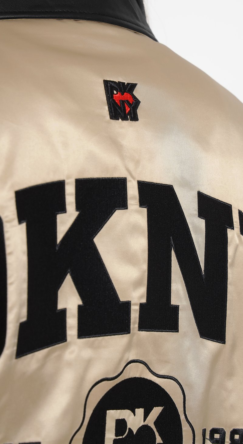 Beige and Black Colorblock Varsity Bomber Jacket