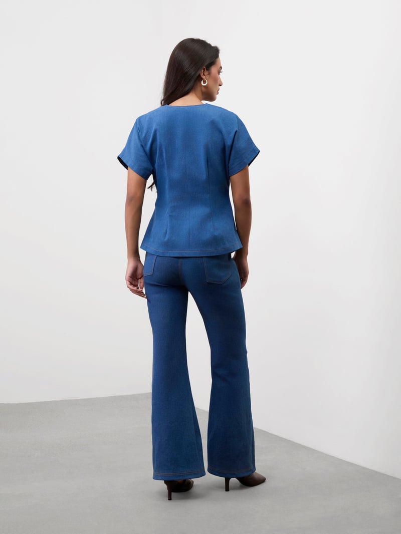 Medium Blue Asymmetrical Denim Wrap Top