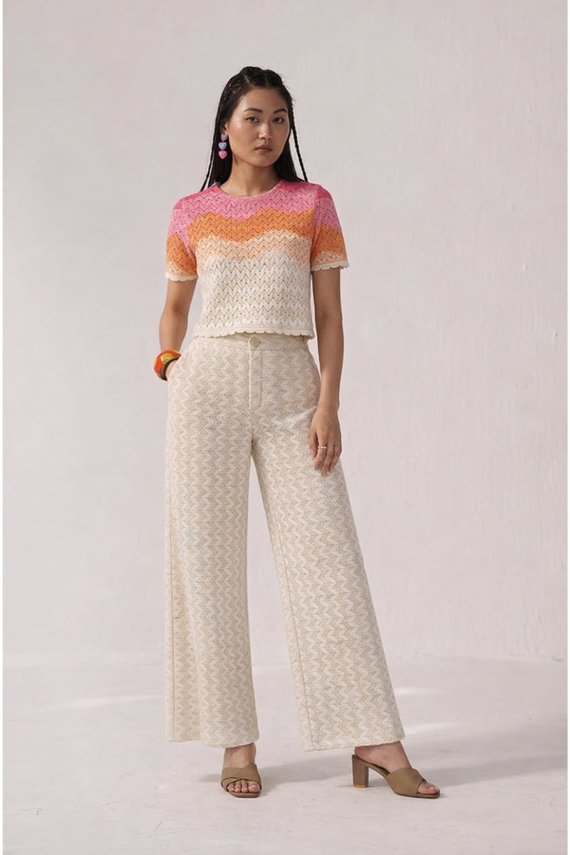 Beige Cotton Mesh Wide-Leg Trousers with Zigzag Texture