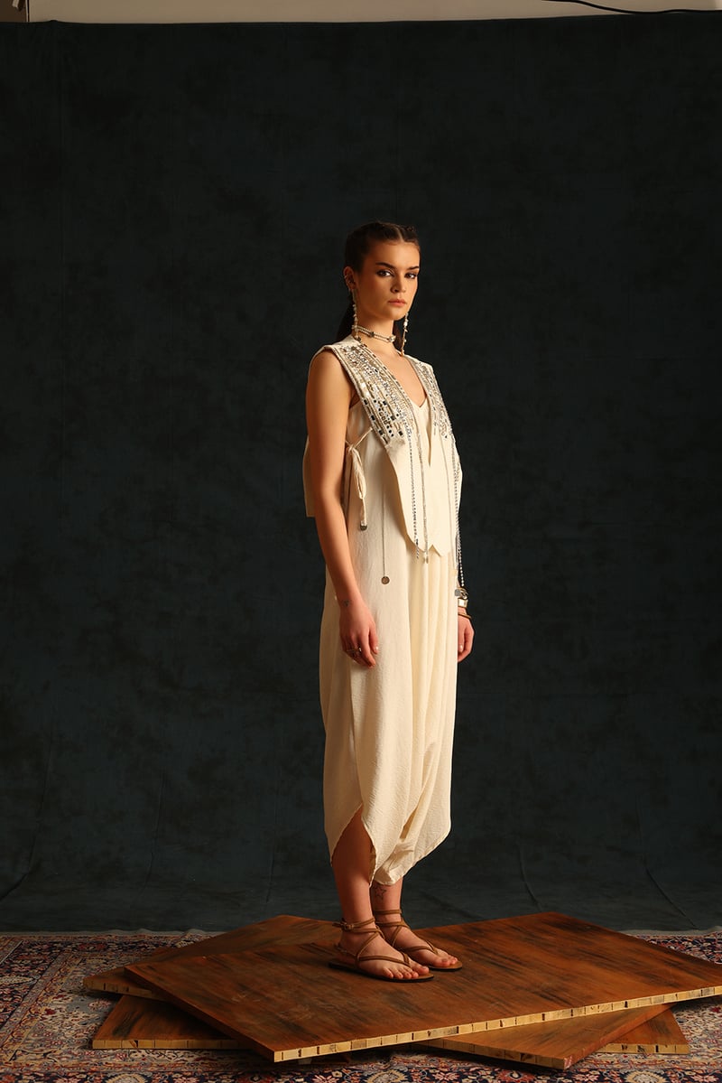 Off-White V-Neck Jumpsuit Set with Embellished Waistcoat