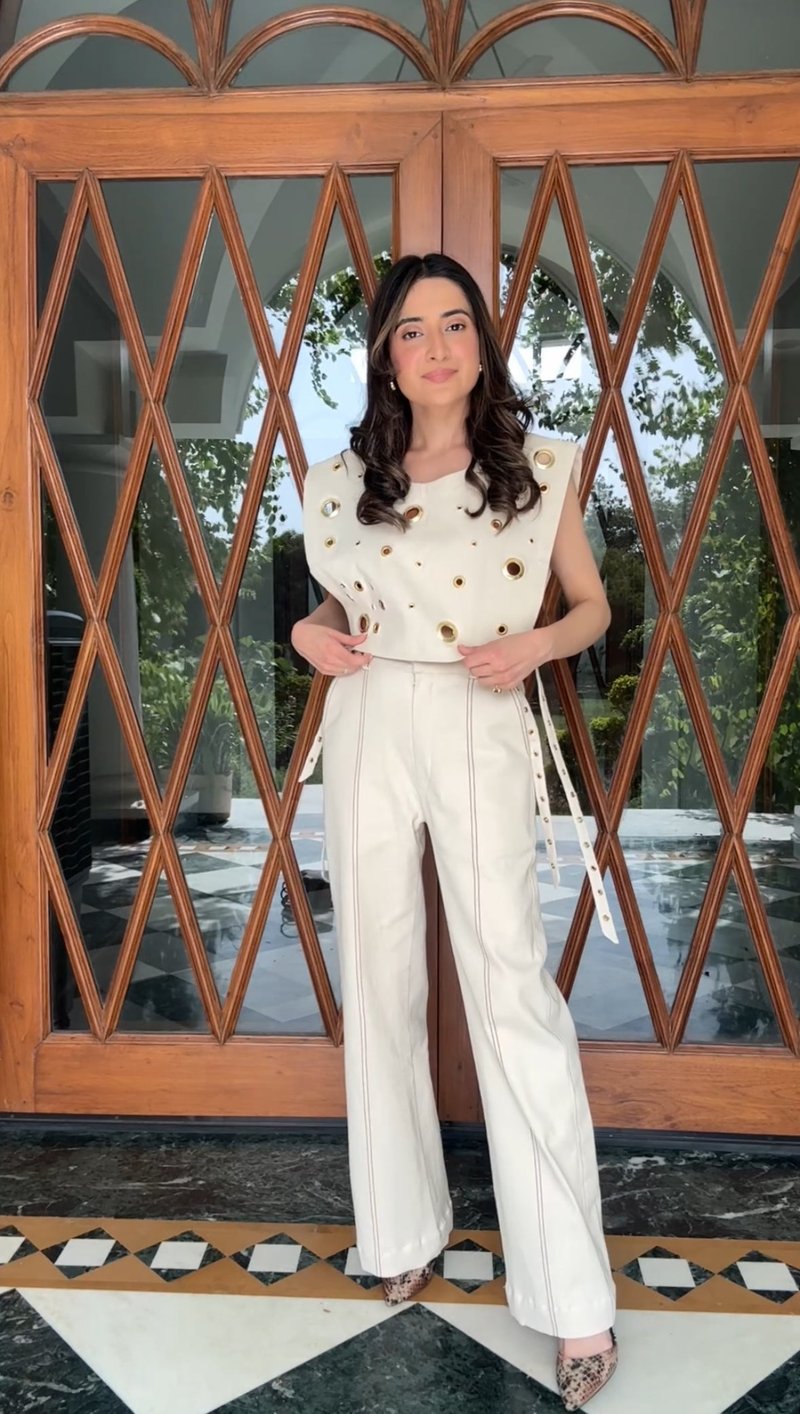Off-White Denim Eyelet Bib Crop Top with Side Ties