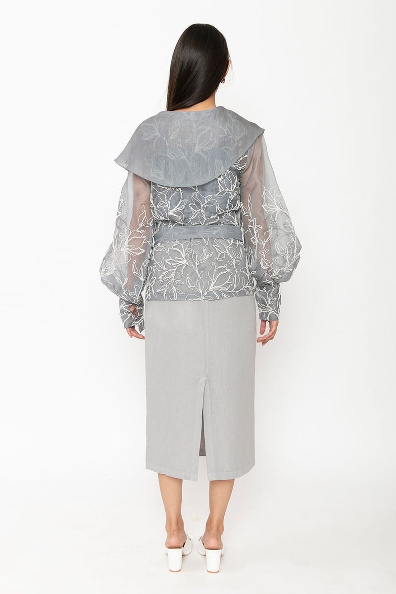 Grey Silk Organza Wrap Top with Embroidered Sleeves