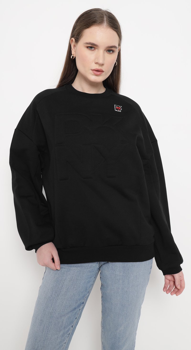 Black Relaxed-Fit Crewneck Sweatshirt with Tonal Lettering — DKNY