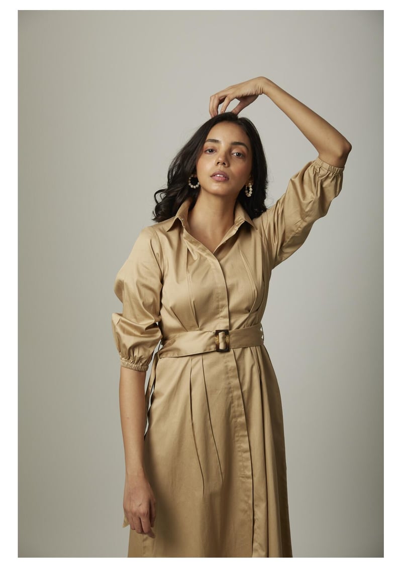 Gold Cotton Satin Belted Midi Shirt Dress