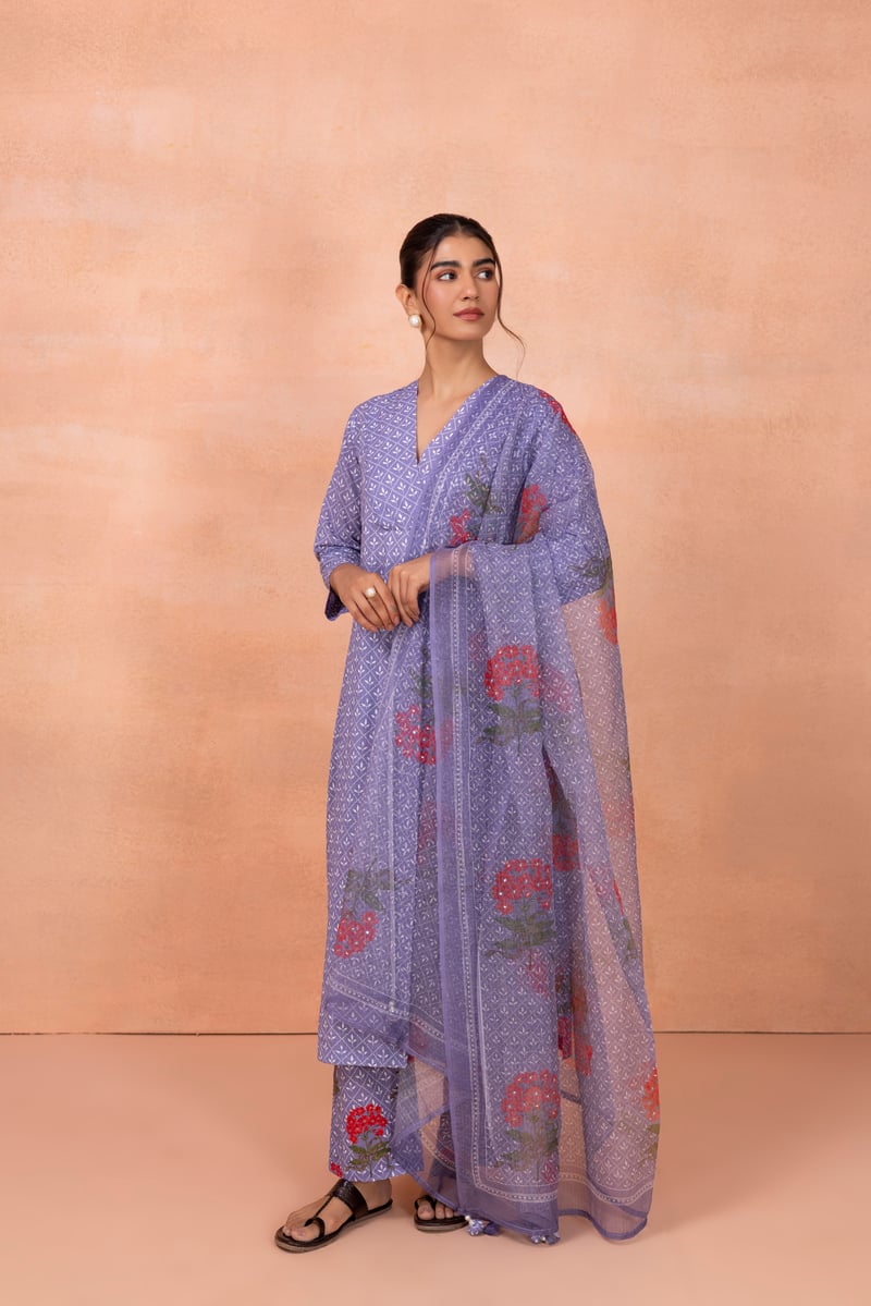 Purple Printed Cotton Kurta Set with Dupatta
