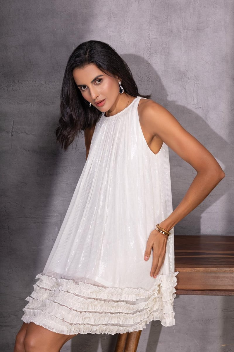 White Sequin Halter Neck Mini Shift Dress