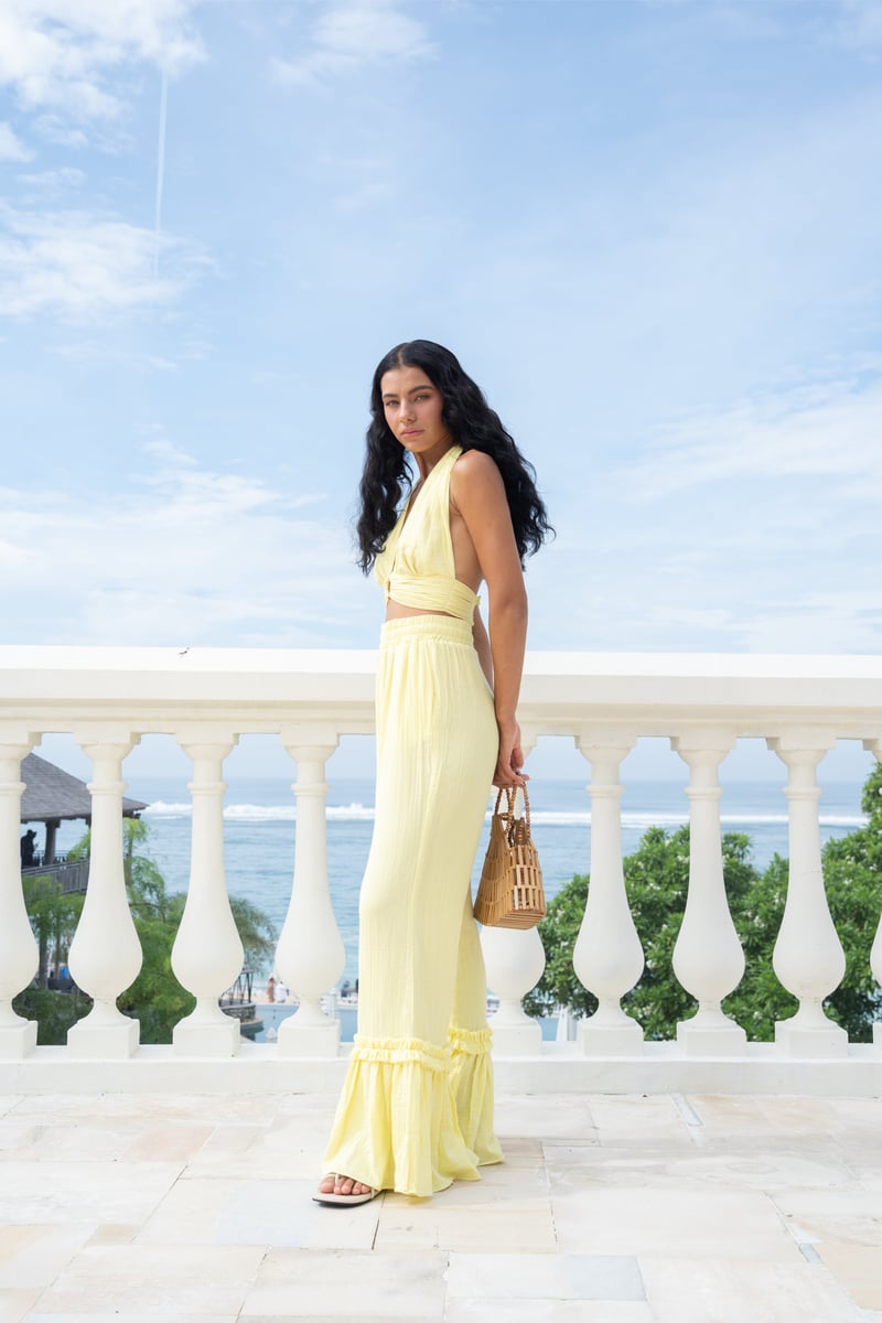 Yellow Halter Crop Top and Wide-Leg Pants Co-ord Set