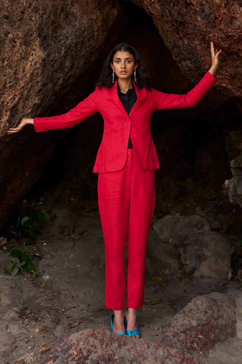 Red Linen Shawl Lapel Single-Button Tailored Blazer