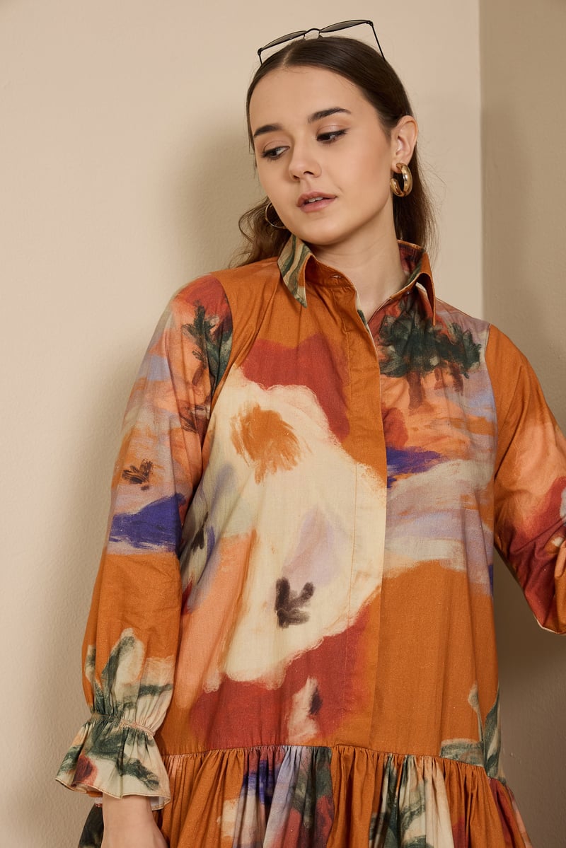 Rust Abstract Print Tiered Mini Shirt Dress