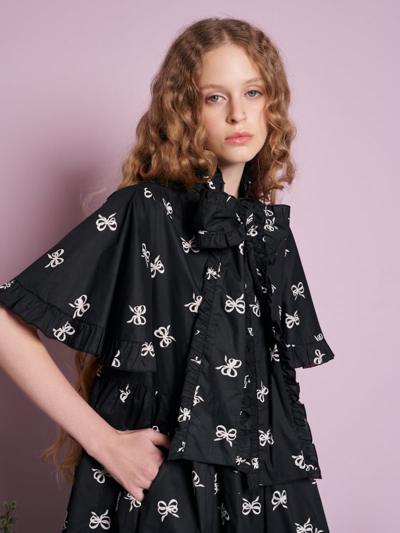 Black Bow Print Oversized Smock Mini Dress