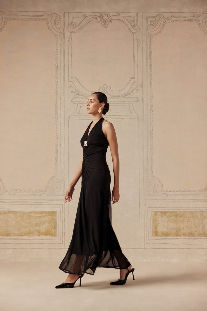Black Halter Neck Ruched Maxi Dress with Metallic Accent