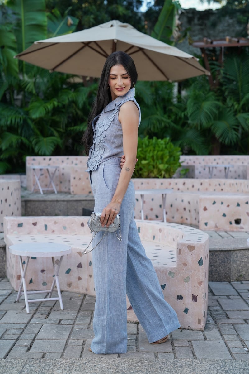 Muted Blue High-Rise Wide-Leg Linen Trousers