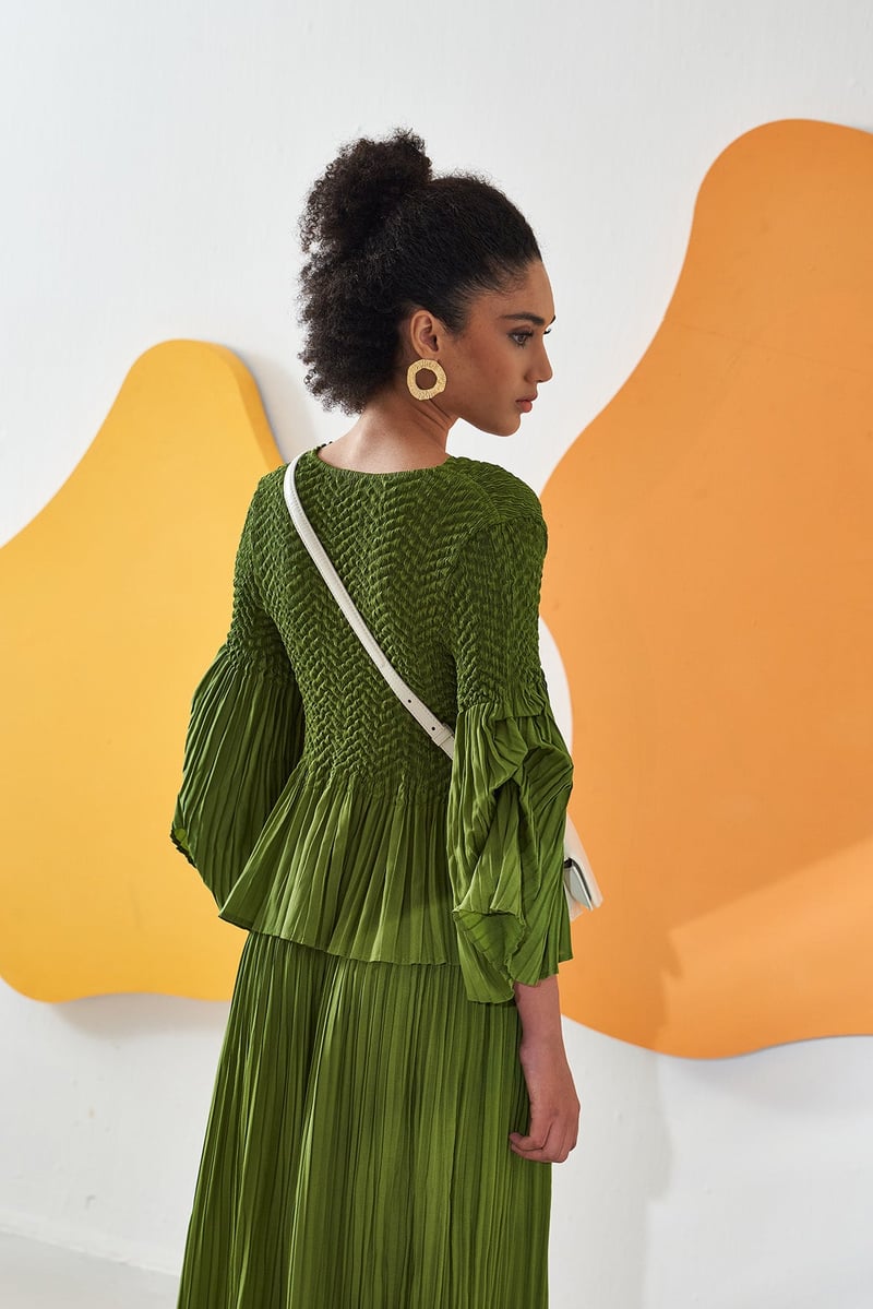 Lime Green Smocked Top and Pleated Skirt Co-ord Set