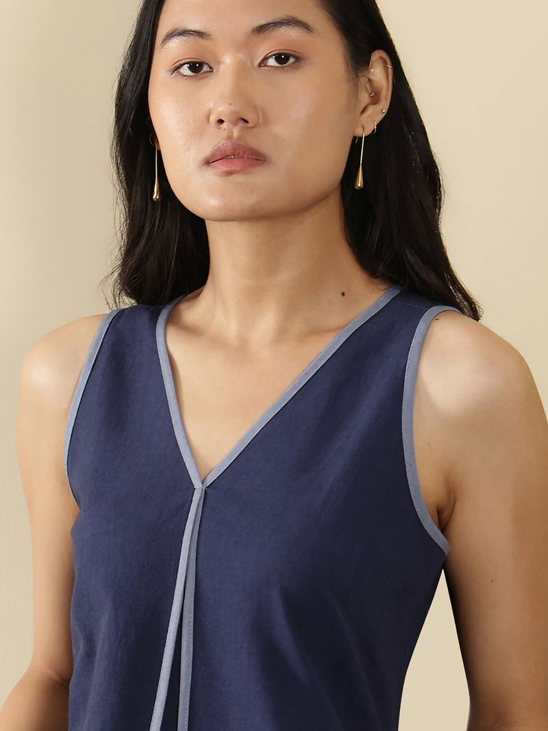 Denim Blue Linen Blend V-Neck A-Line Midi Dress