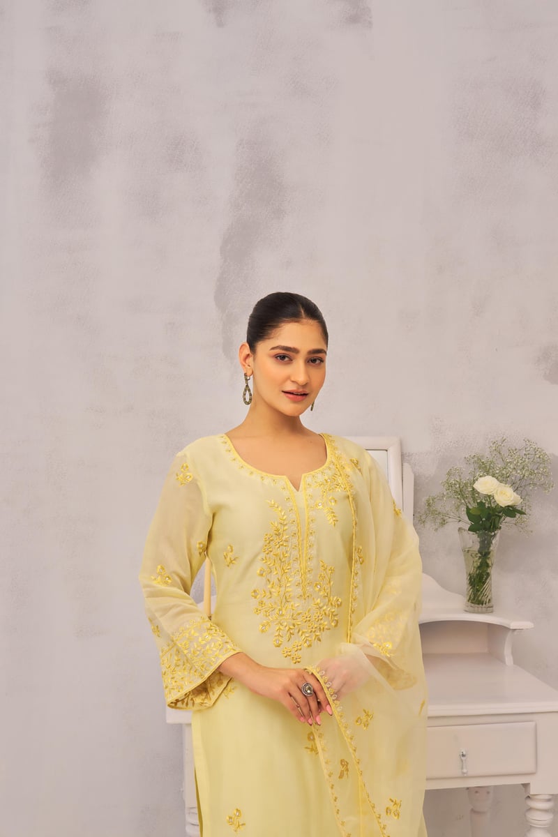 Lime Yellow Chanderi Silk Embroidered Suit Set