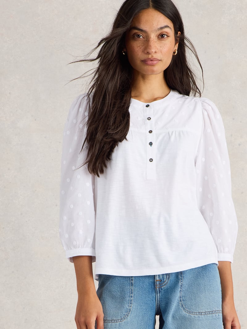 Pale Ivory Dobby Top with Puff 3/4 Sleeves