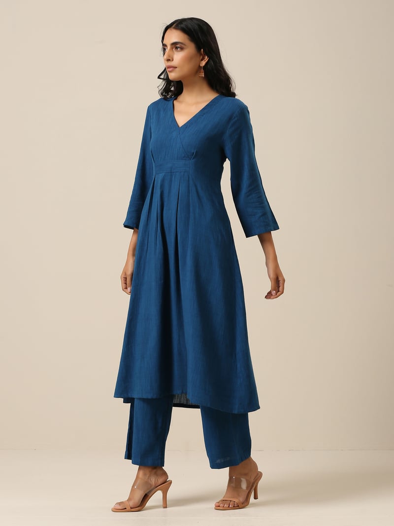Classic Blue Slub Overlap Pleat Kurta Pant Set