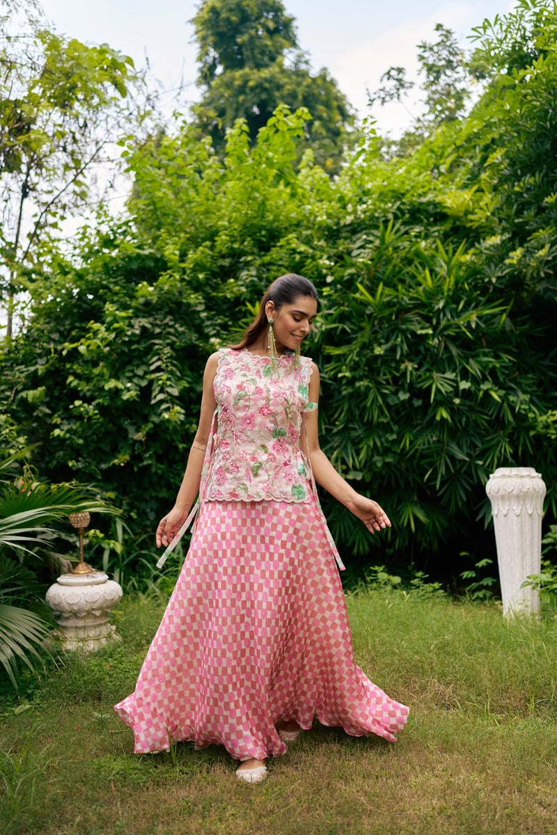 Ivory and Pink Printed Bib Top and Maxi Skirt Co-ord Set