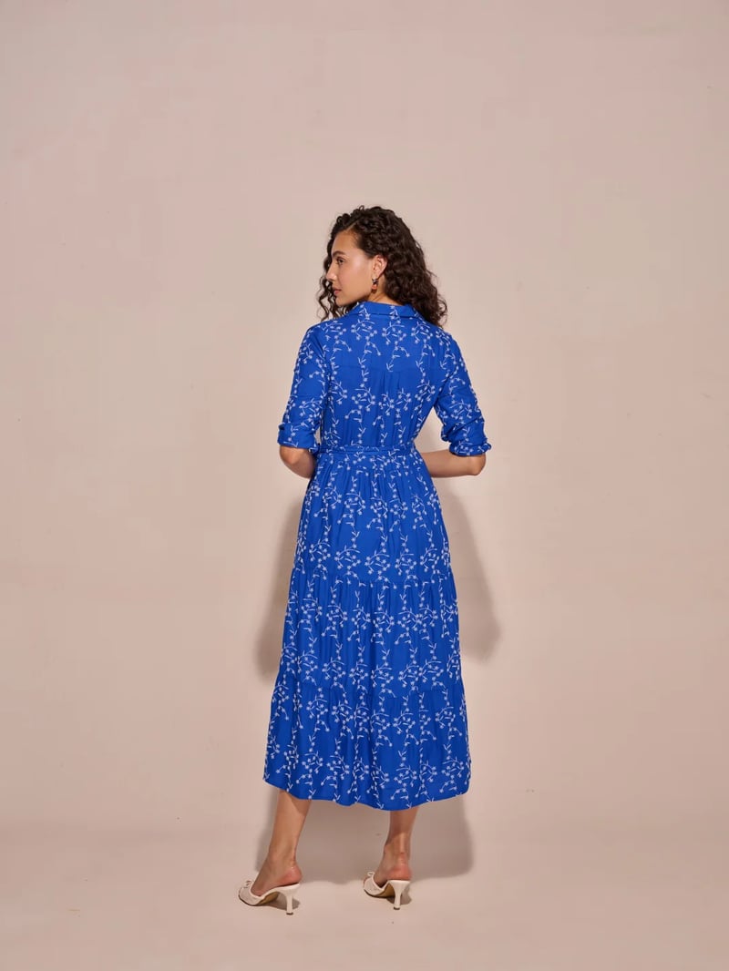 Blue Floral Print Belted Tiered Midi Shirt Dress