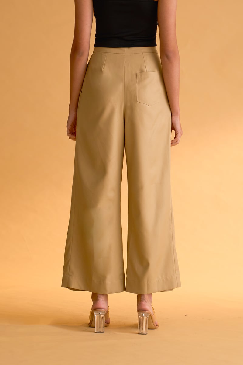 Beige High-Rise Wide-Leg Pleated Trousers