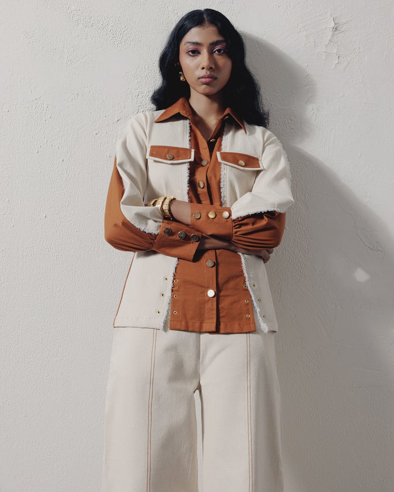 Rust and Cream Colorblocked Denim Shirt with Belt