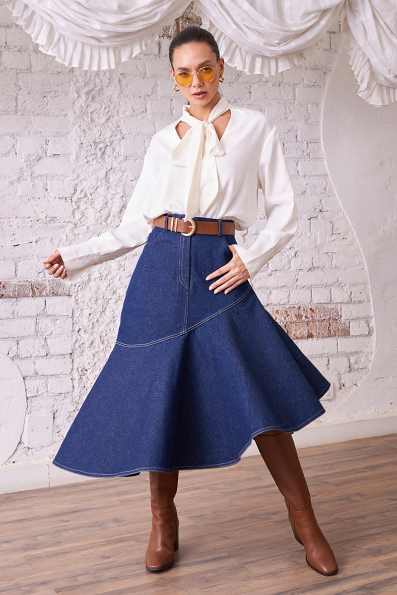 Dark Blue Denim A-Line Midi Skirt with Diagonal Ruffle Hem