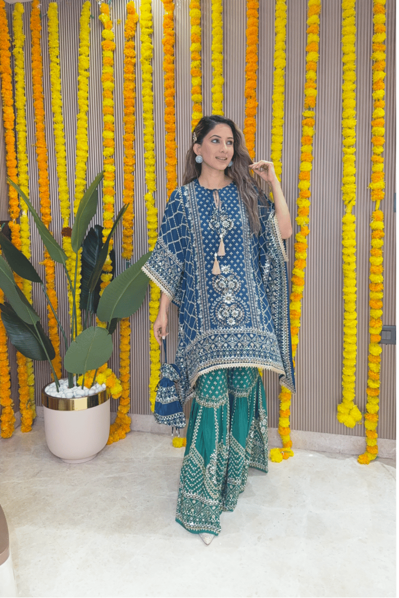 Teal Blue Kaftan and Emerald Gharara Co-ord Set