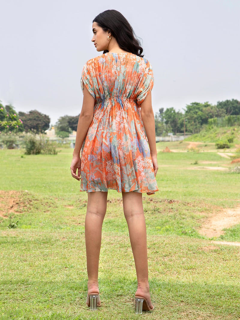 Orange Floral Pleated Kaftan Mini Dress