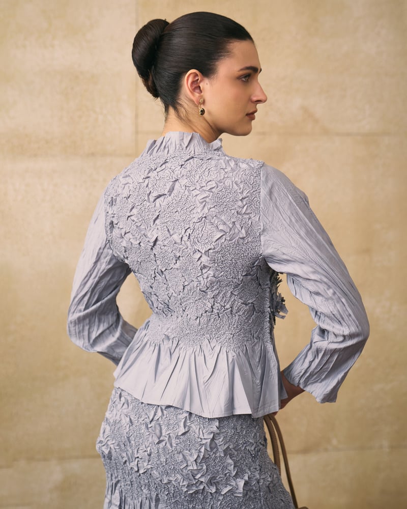 Grey Textured Peplum Top and Midi Skirt Co-ord Set