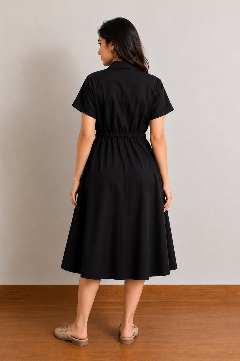 Black Cotton Midi Shirt Dress with Tie Waist