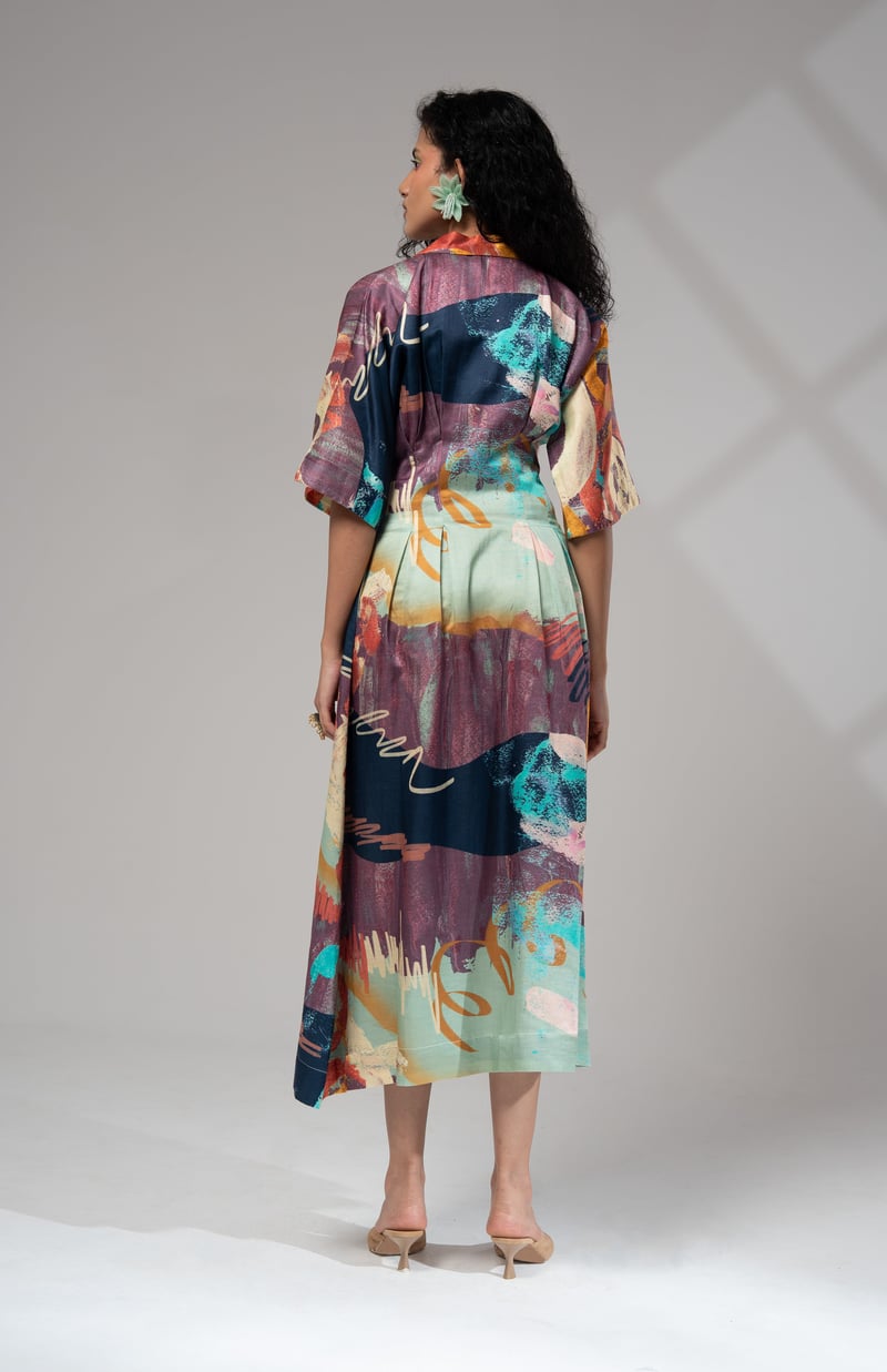 Multicolour Abstract Print Button-Down Midi Shirt Dress