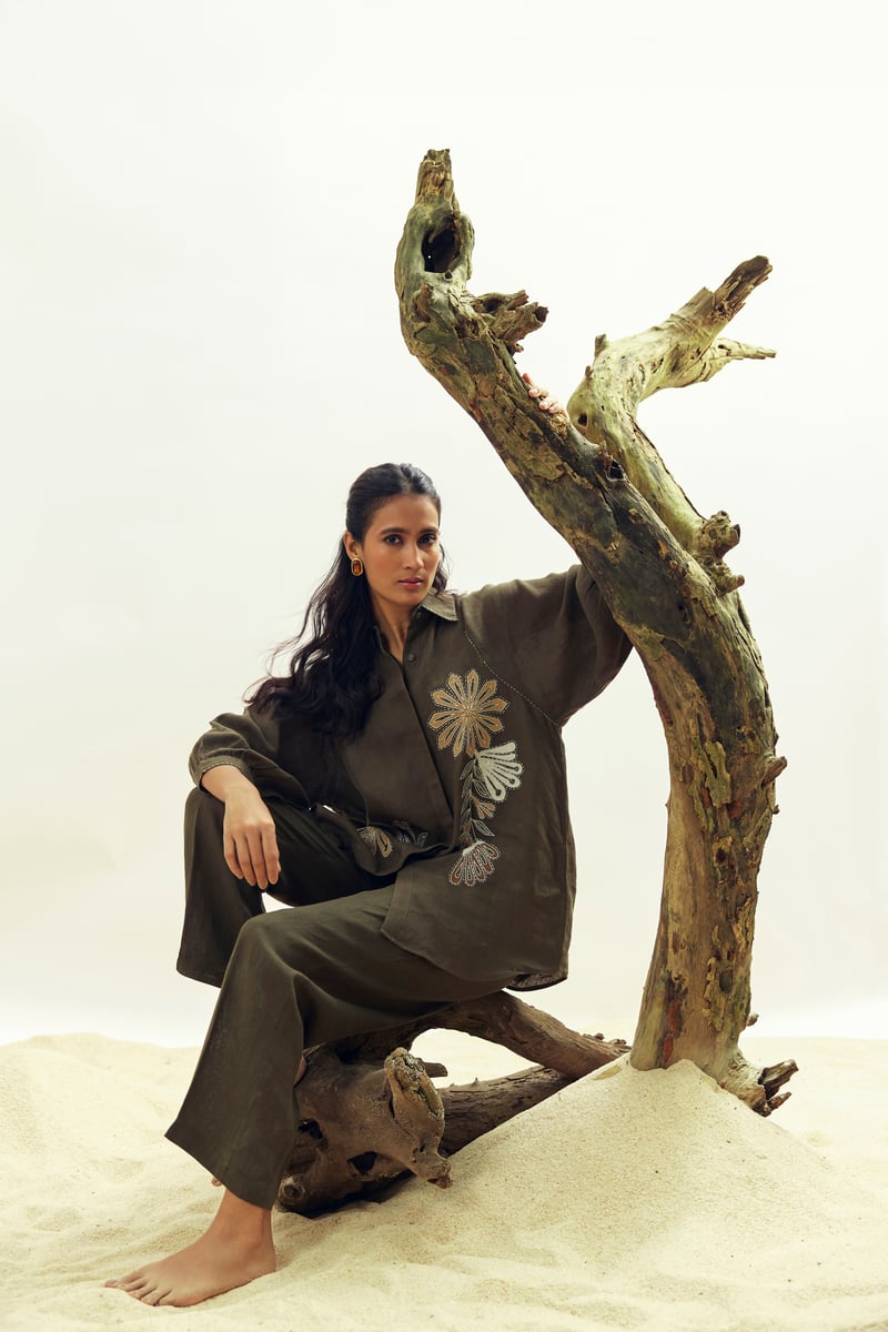 Olive Linen High-Rise Straight-Leg Trousers