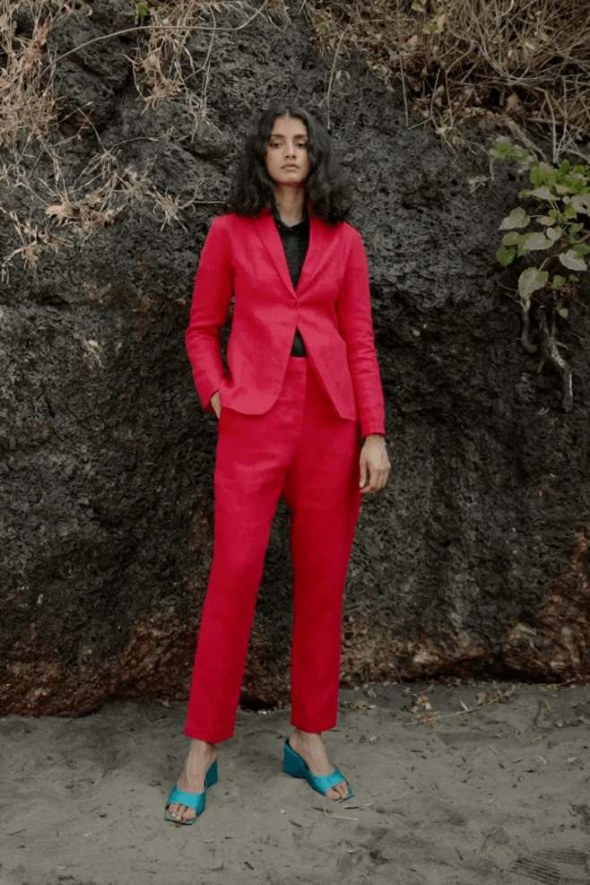 Red Linen Straight-Leg Trousers