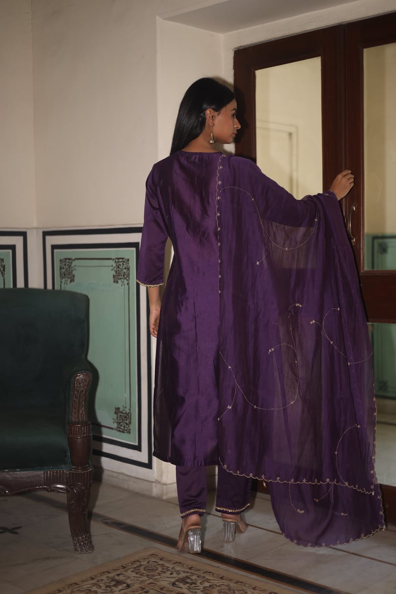 Purple Silk Chanderi Zardozi Kurta Set with Dupatta