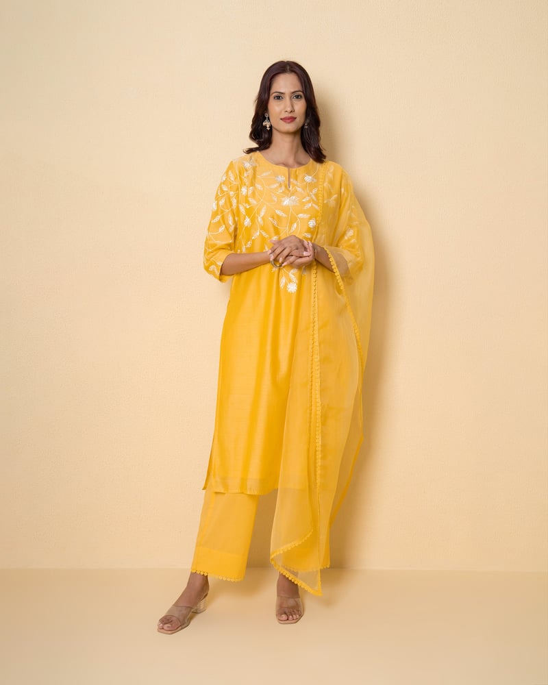 Amber Flora Embroidered Chanderi Suit Set — Kameez