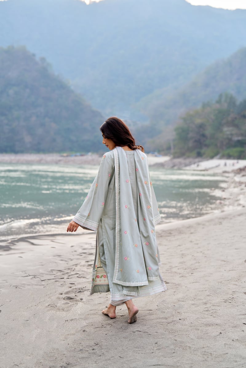 Grey Cotton Embroidered Straight Kurta Set with Dupatta