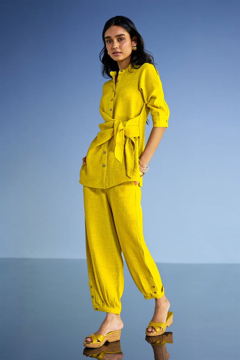 Chartreuse Linen-Blend Side-Tie Button-Down Longline Top