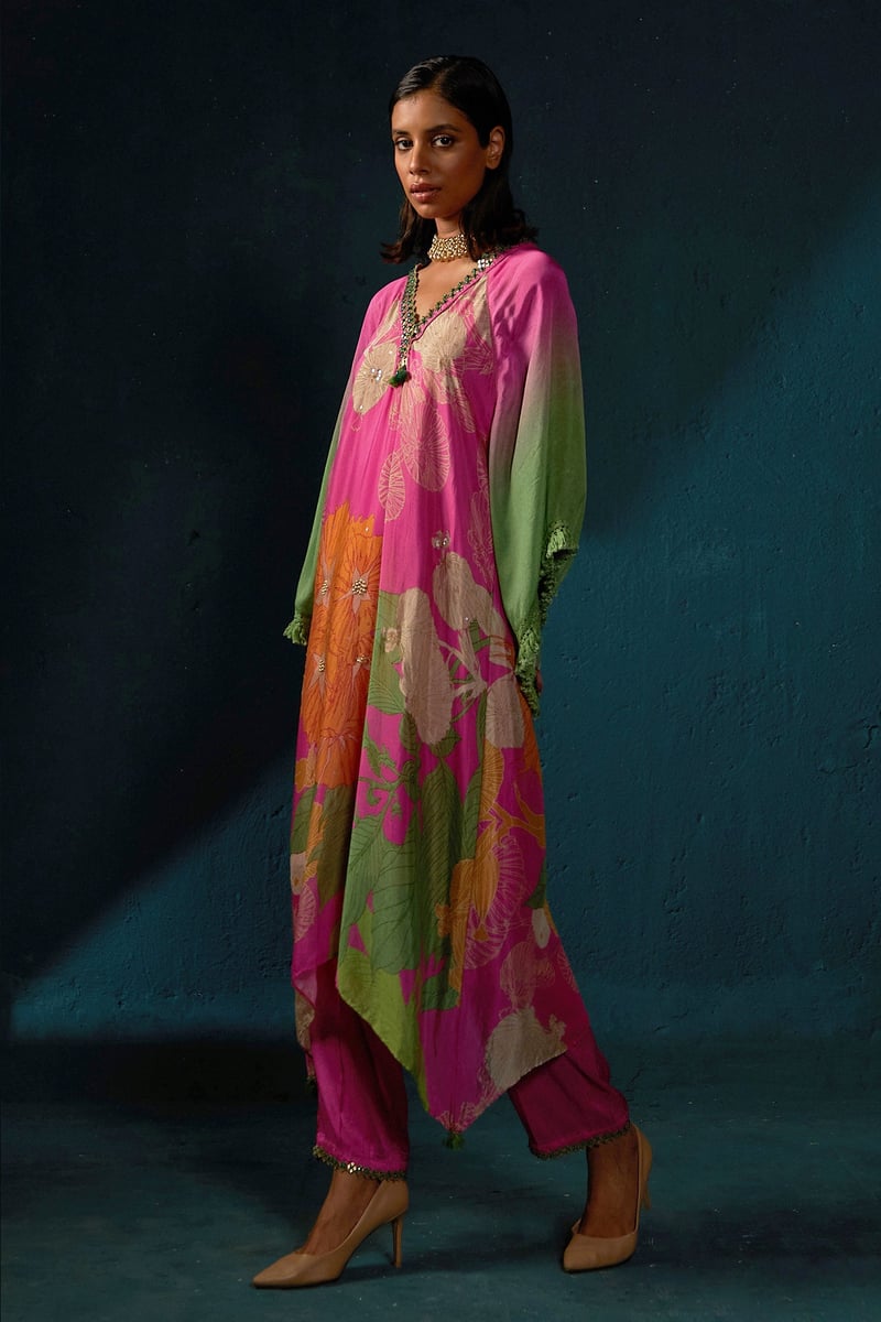 Pink Floral Printed Asymmetrical Kurta Set with Cape Sleeves