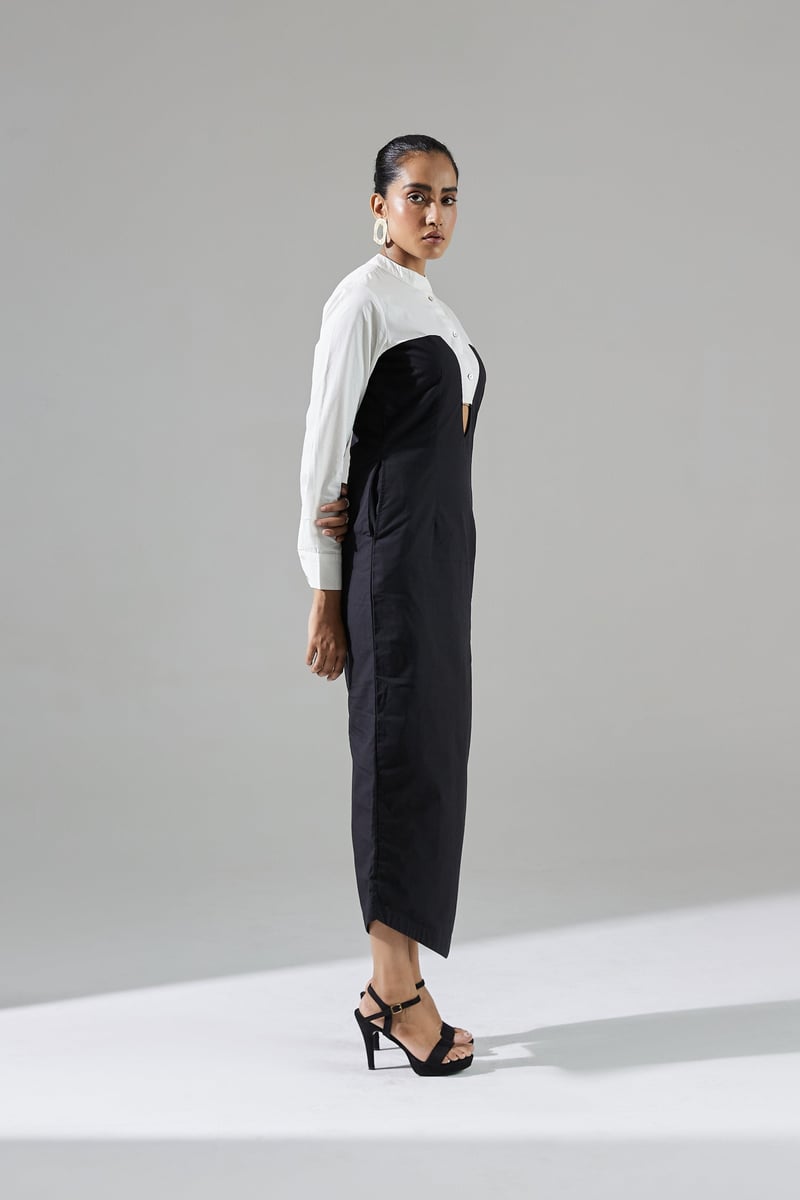 Black and White Colorblock Mandarin Collar Midi Dress