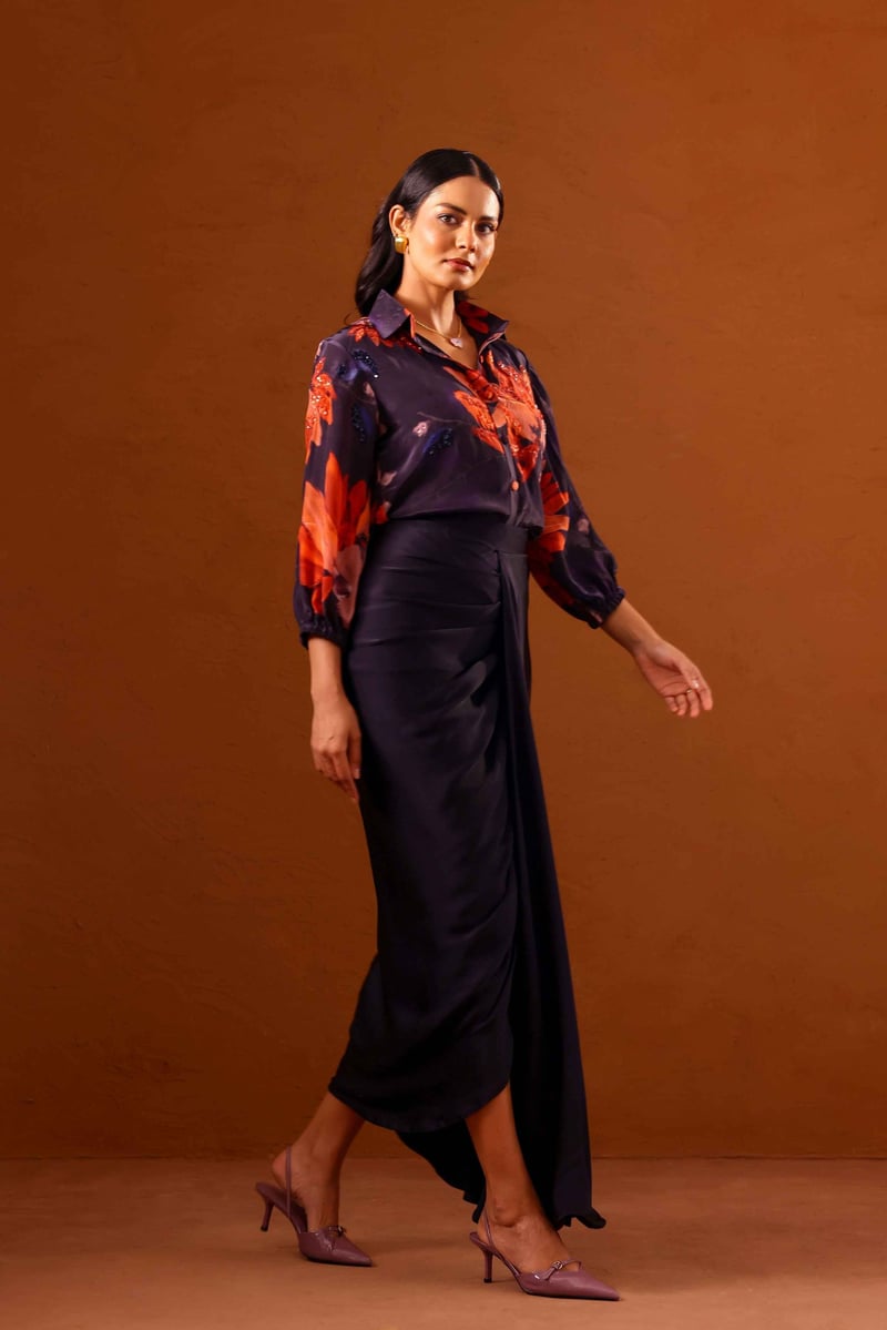 Printed Shirt and Draped Maxi Skirt Co-ord Set