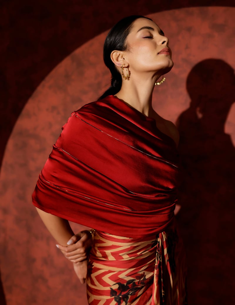 Red One-Shoulder Printed Maxi Gown with Slit